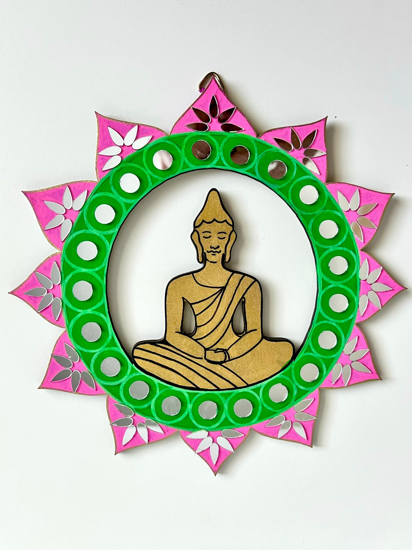 Buddha inside a lotus : Handmade wall hanging adorned with mirrors