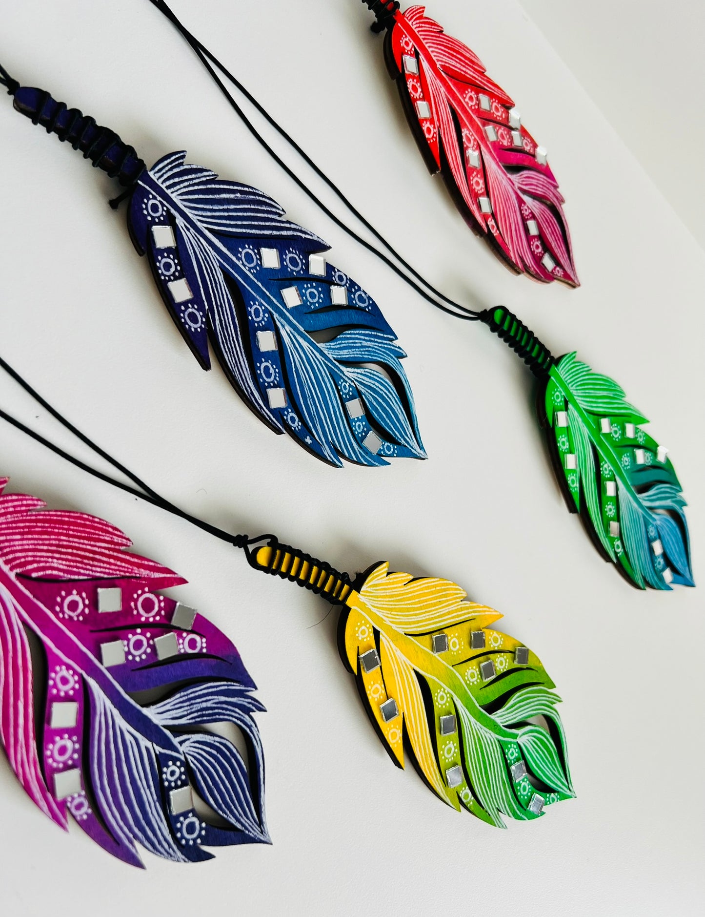 Handcrafted Wooden Feather Wall Hanging with Mirrors - Boho Style Decor, Dream catcher