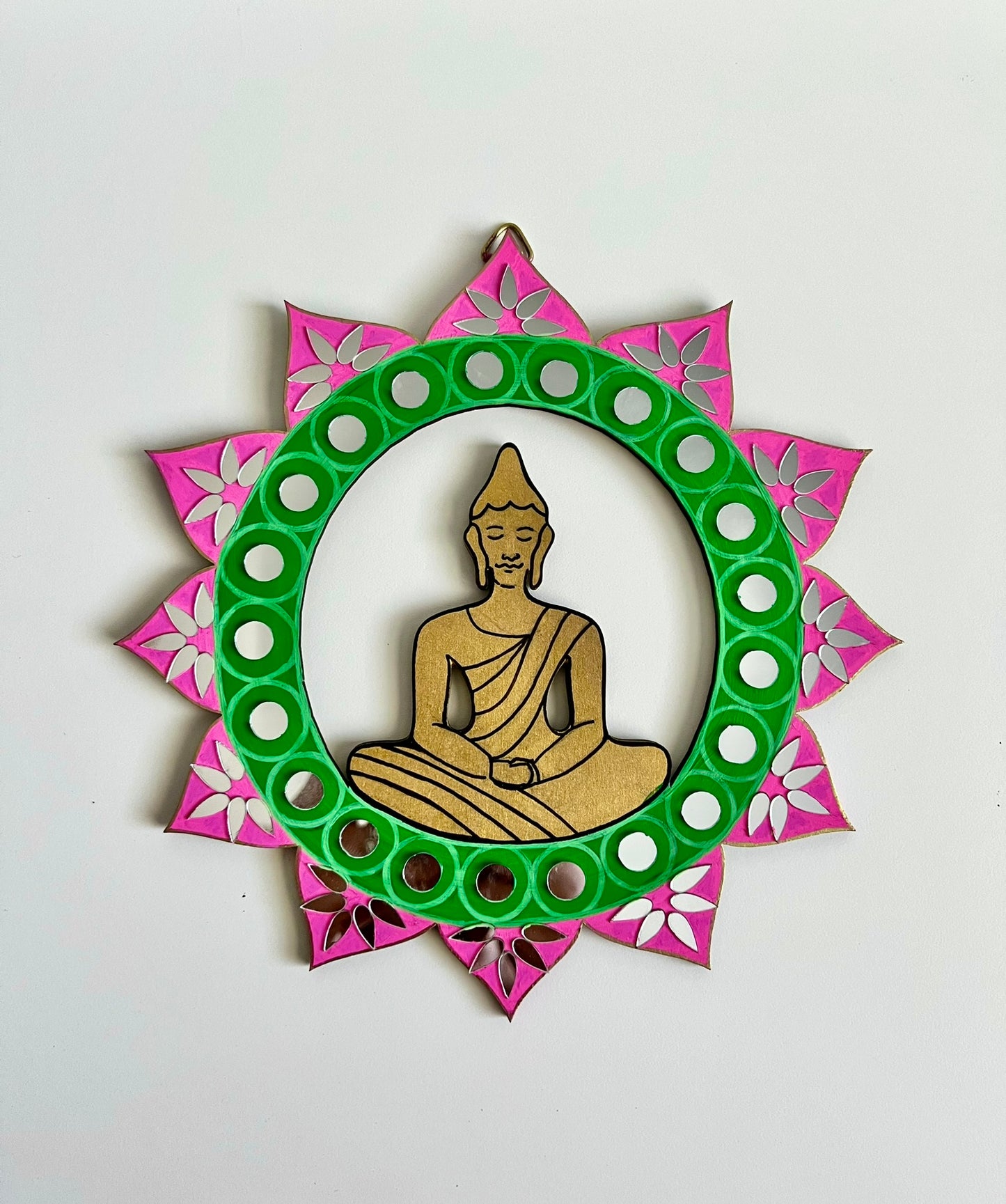 Buddha inside a lotus : Handmade wall hanging adorned with mirrors