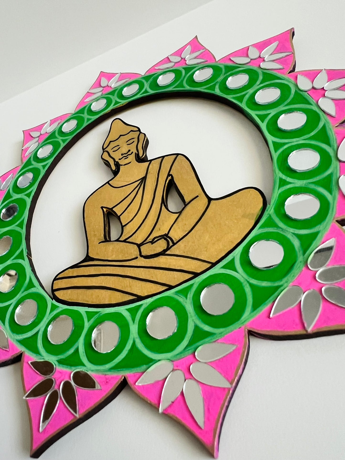 Buddha inside a lotus : Handmade wall hanging adorned with mirrors