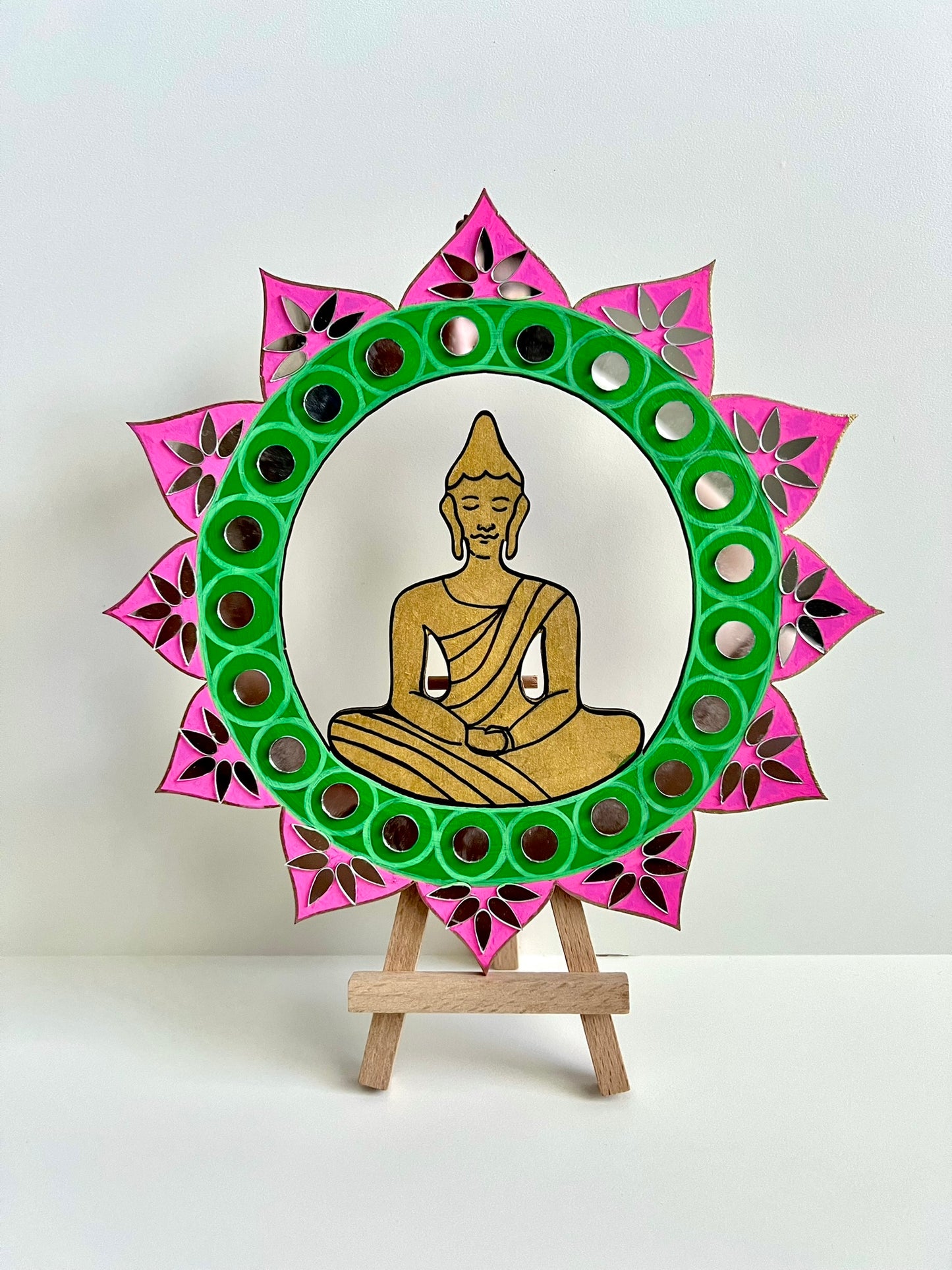 Buddha inside a lotus : Handmade wall hanging adorned with mirrors
