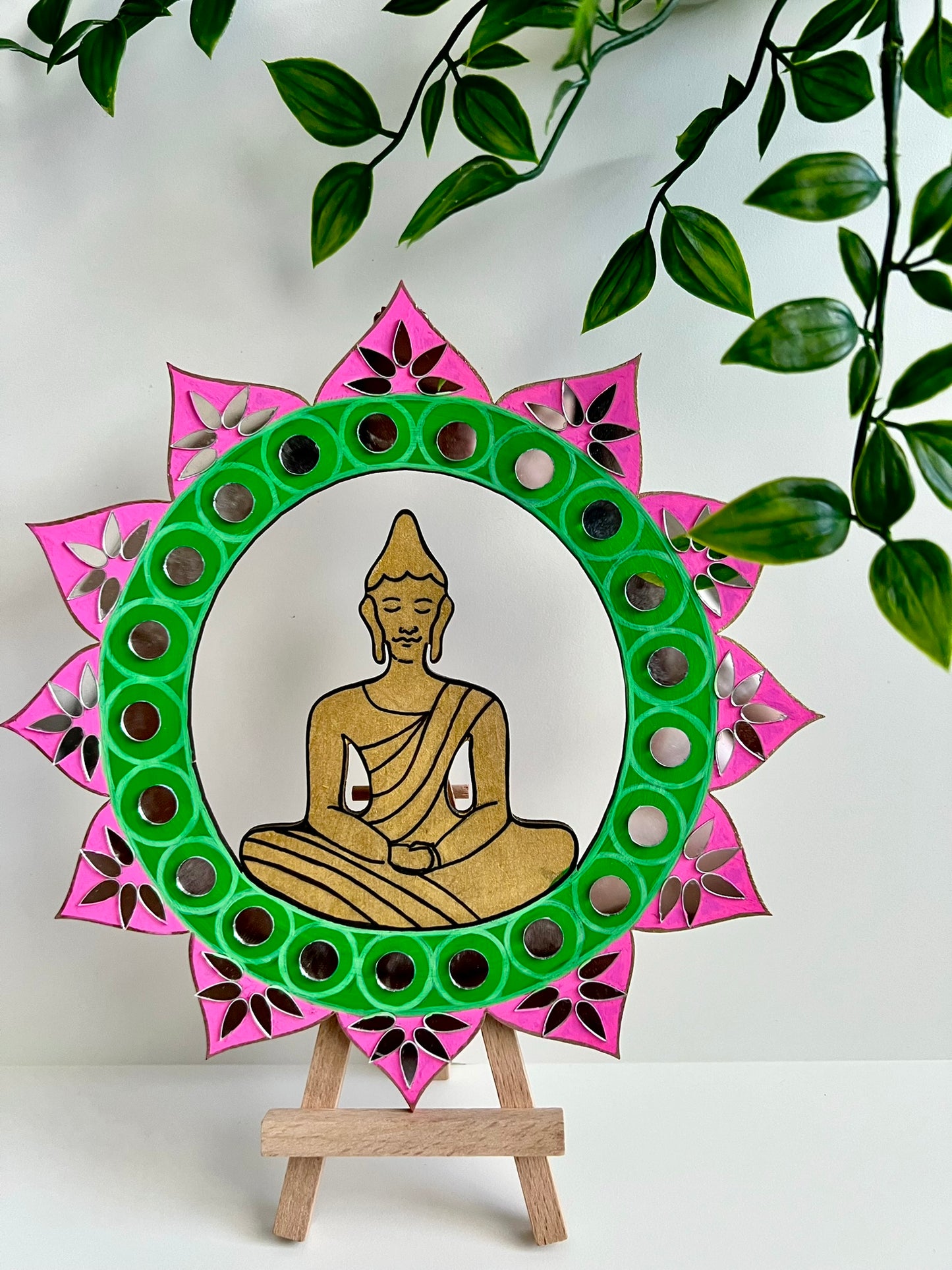 Buddha inside a lotus : Handmade wall hanging adorned with mirrors