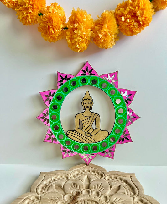 Buddha inside a lotus : Handmade wall hanging adorned with mirrors