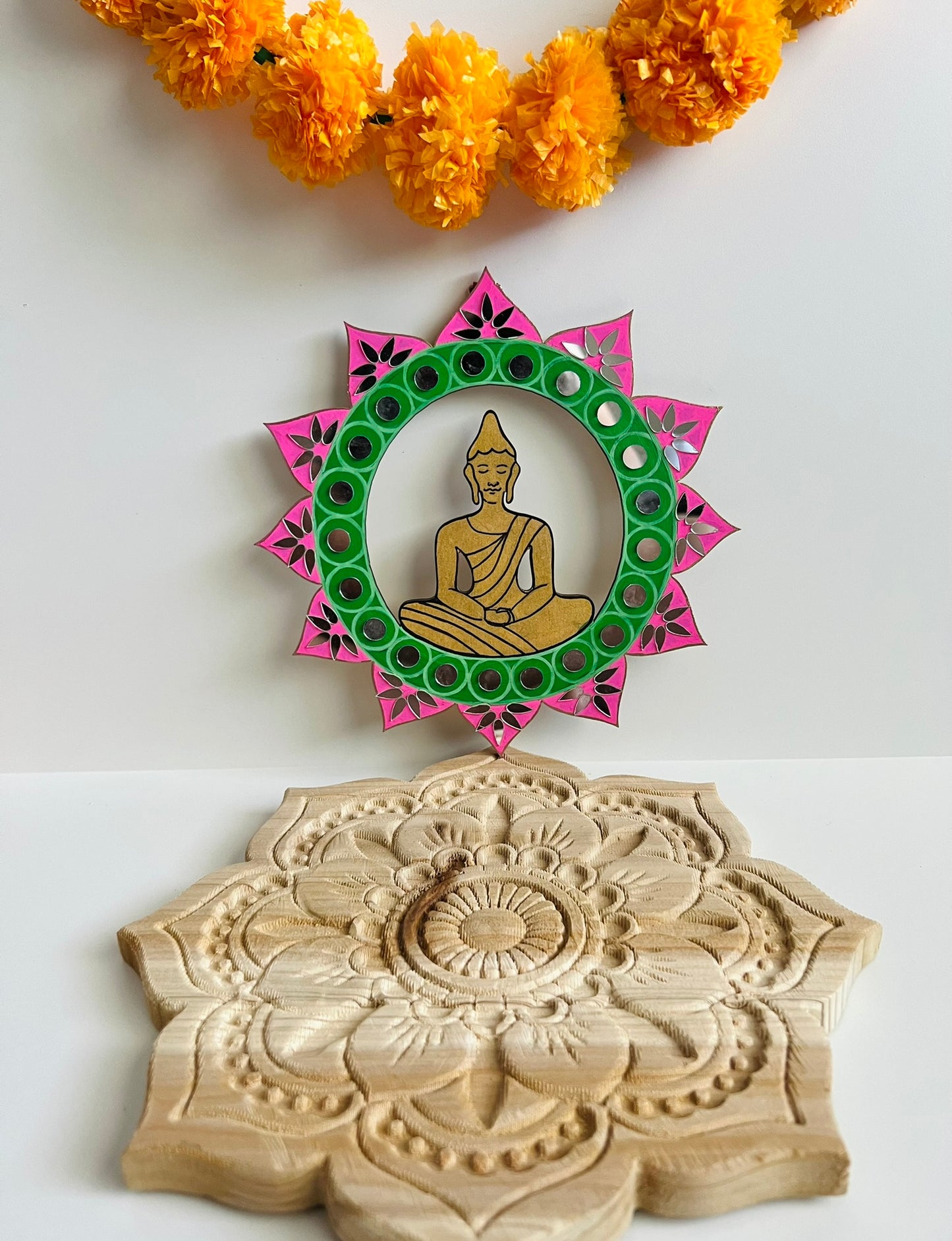 Buddha inside a lotus : Handmade wall hanging adorned with mirrors