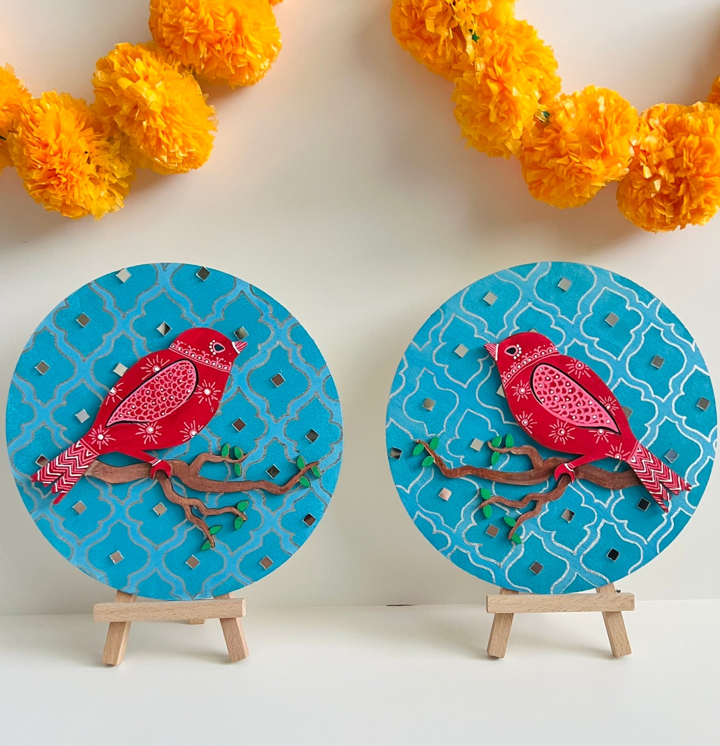 Munia birds of a feather ; Handmade circular wall plaques
