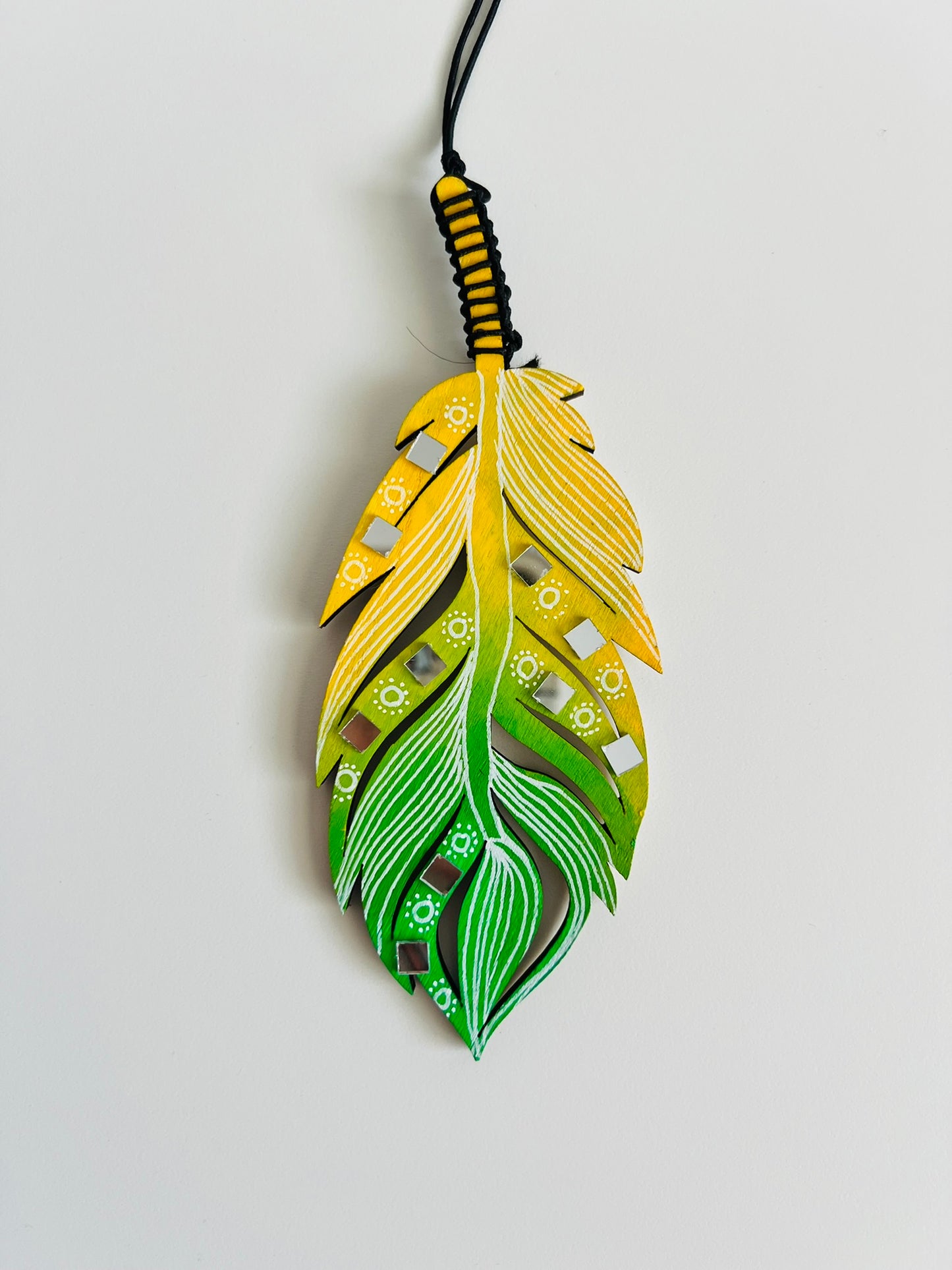 Handcrafted Wooden Feather Wall Hanging with Mirrors - Boho Style Decor, Dream catcher