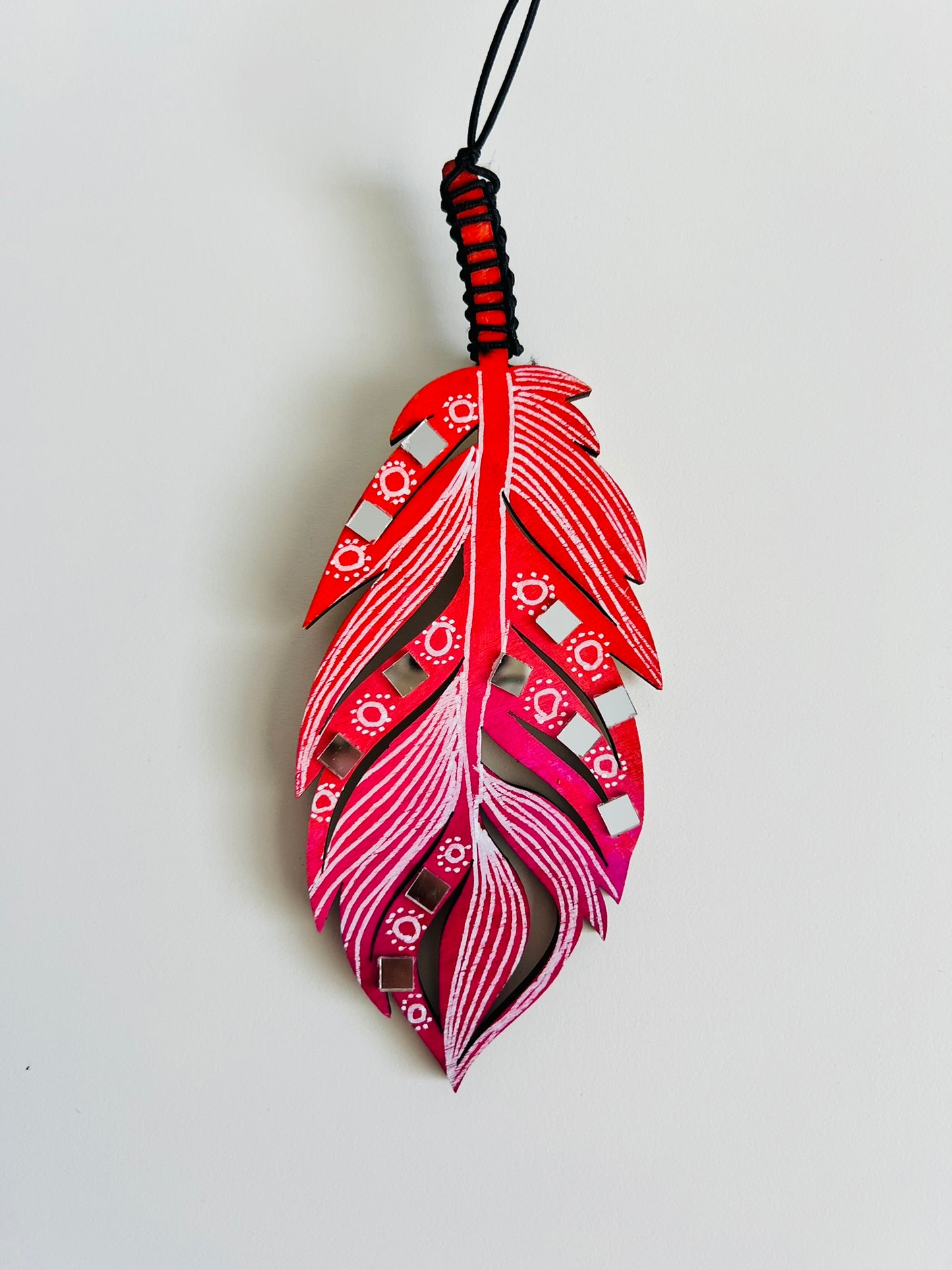 Handcrafted Wooden Feather Wall Hanging with Mirrors - Boho Style Decor, Dream catcher