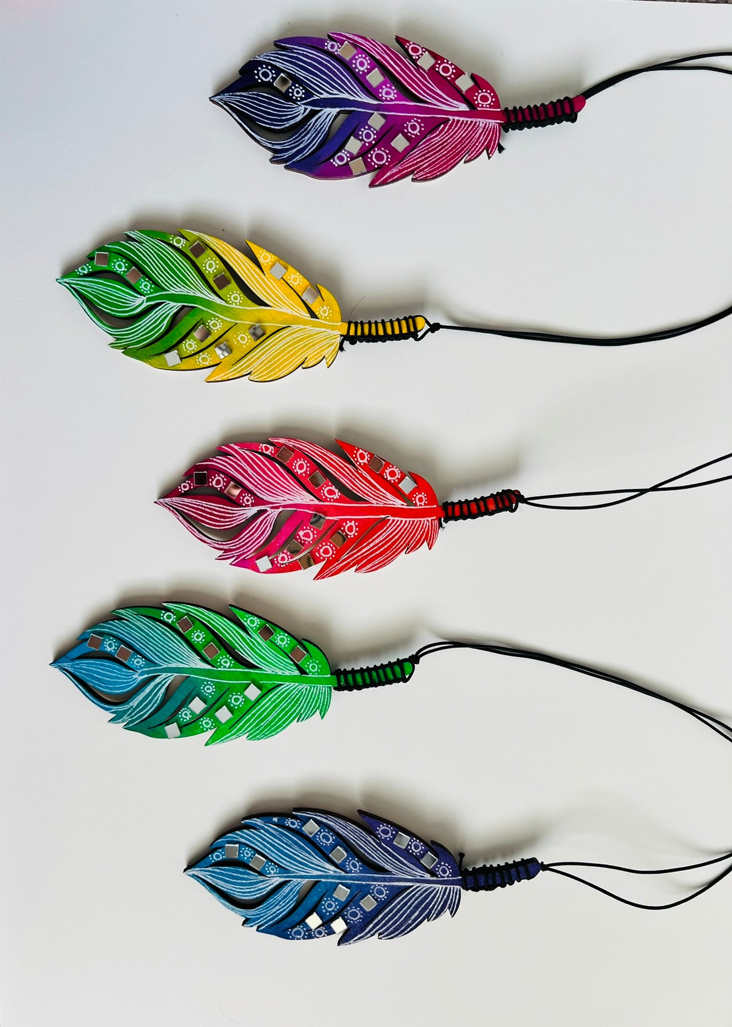 Handcrafted Wooden Feather Wall Hanging with Mirrors - Boho Style Decor, Dream catcher