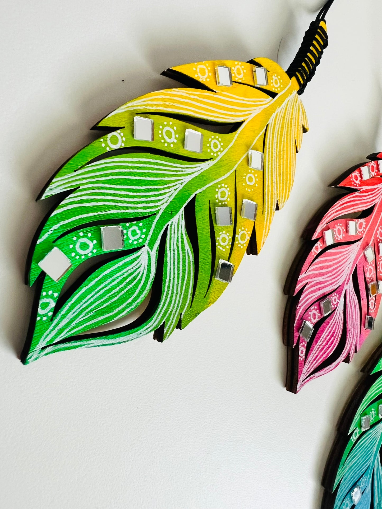 Handcrafted Wooden Feather Wall Hanging with Mirrors - Boho Style Decor, Dream catcher