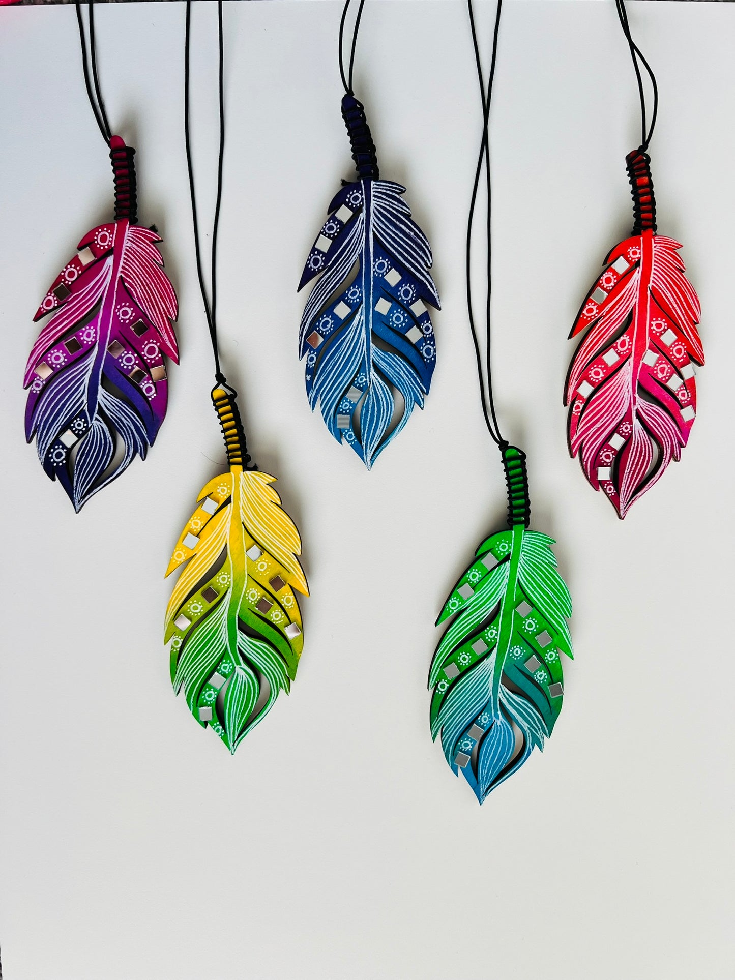 Handcrafted Wooden Feather Wall Hanging with Mirrors - Boho Style Decor, Dream catcher